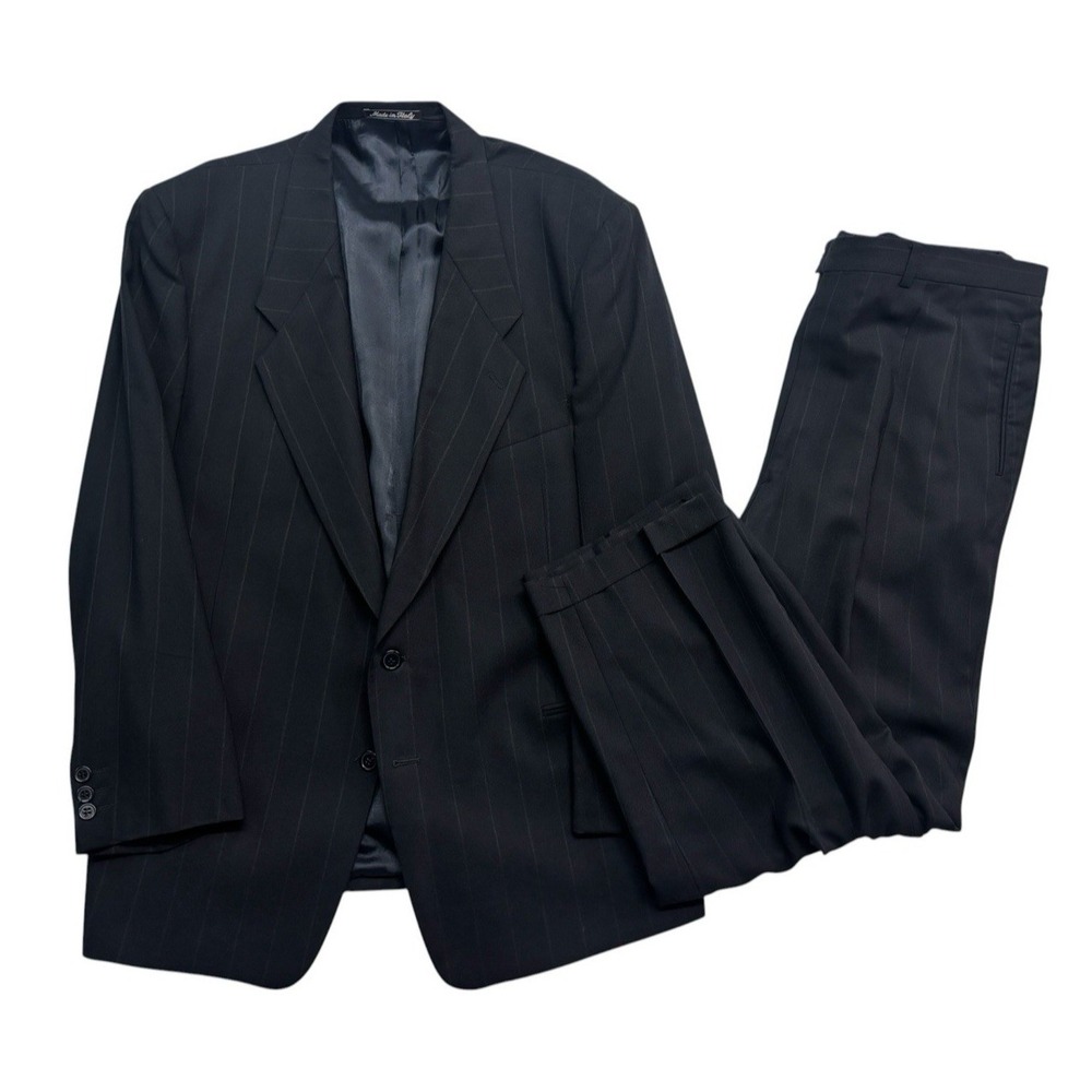 vtg 90s Giorgio Armani Mani 46R 38x30 Black Gray Chalk Stripe 2pc Pant Suit Wool